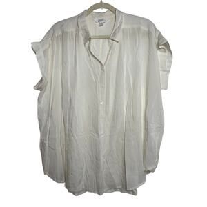 Womens Button Up Short Sleeve Boxy Blouse Collared Off White Casual Large Petite